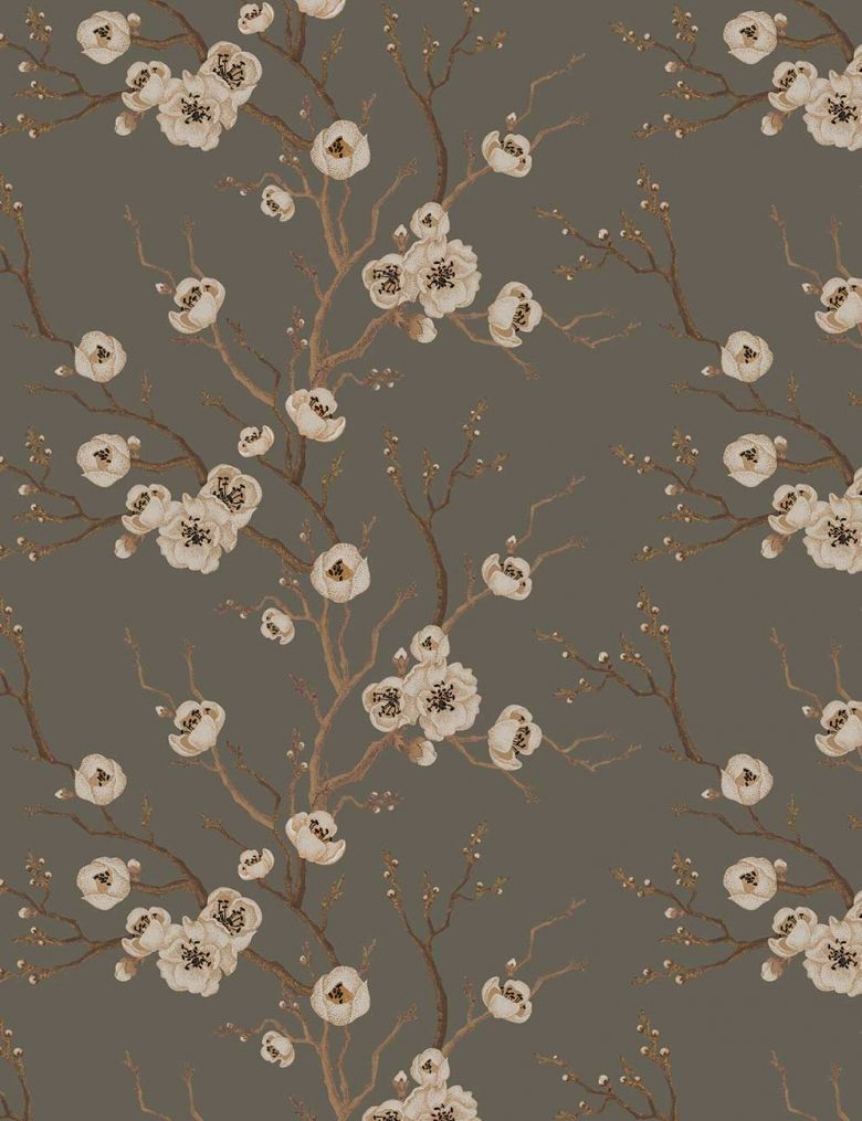 This grey wallpaper features a blossom tree design - Beige