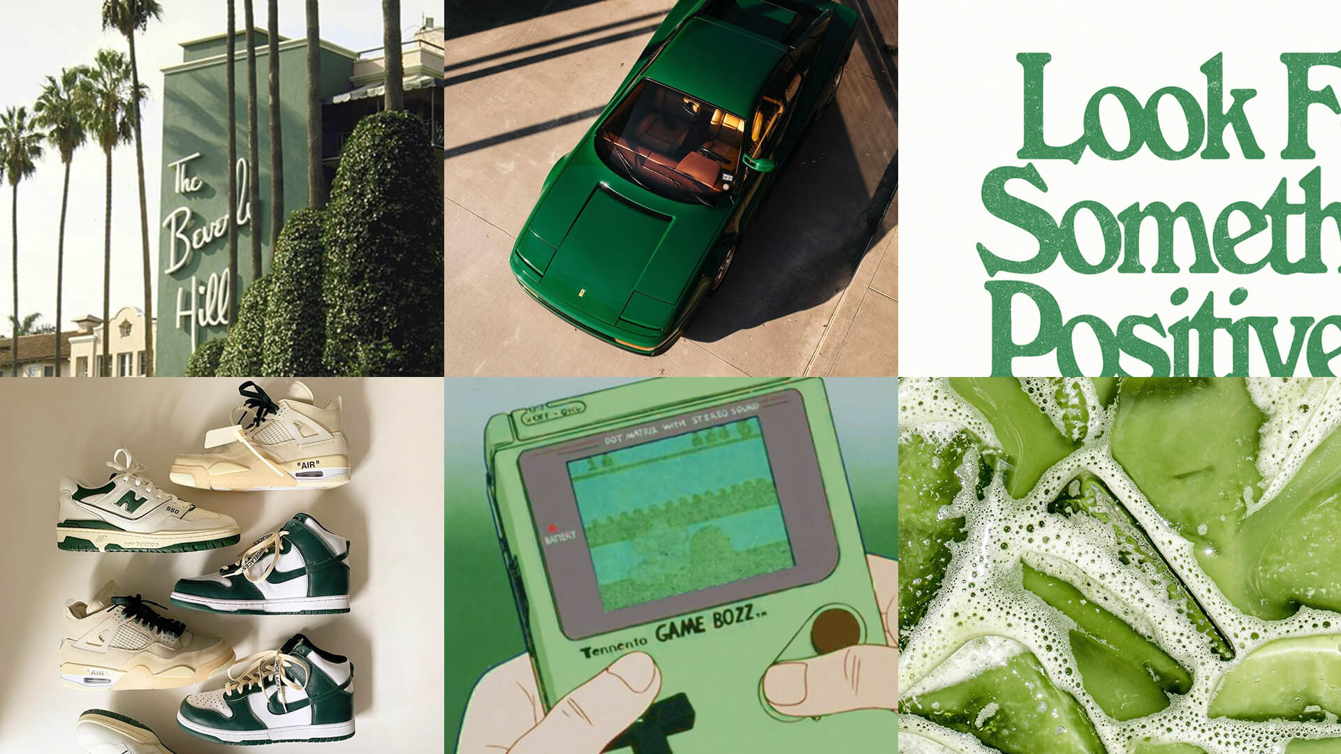 A collage of green sneakers, a green car, a gameboy, a palm tree, and a close up of aloe vera. - Green, soft green, lime green, cars, battery