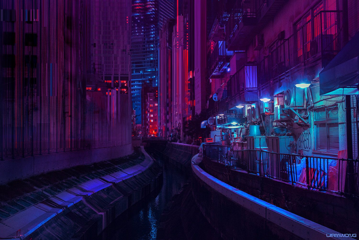 A canal in a cyberpunk city at night, with tall buildings on either side lit up in red and blue. - Tokyo