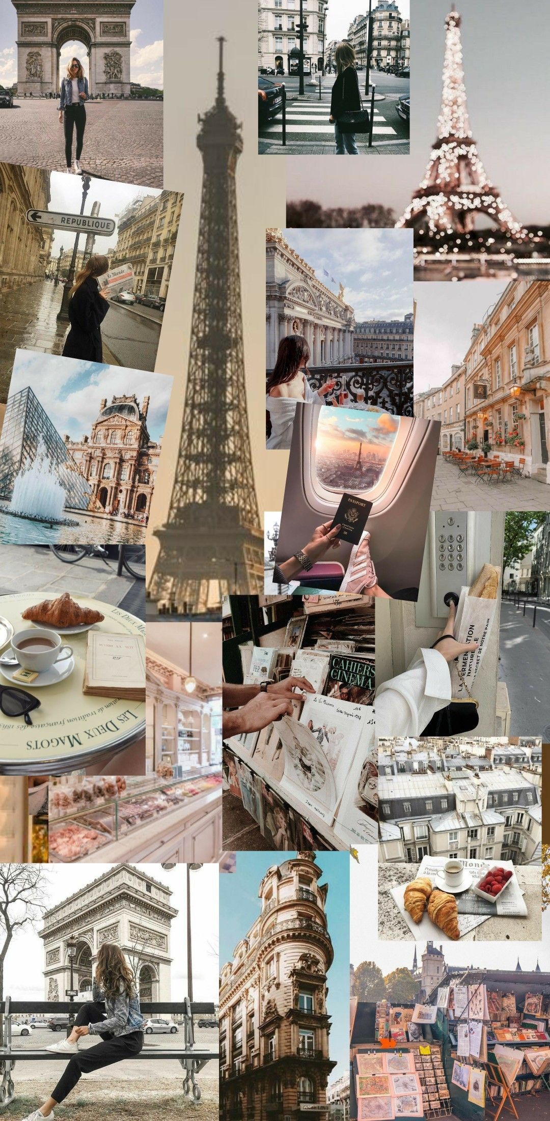 Collage of photos of the Eiffel Tower, a woman reading a book, croissants, and people walking around a city. - Paris