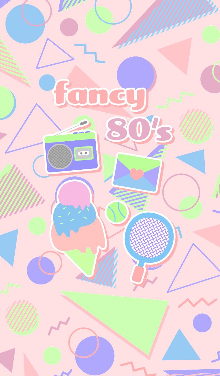 A pink phone background with colorful 80s icons - 80s