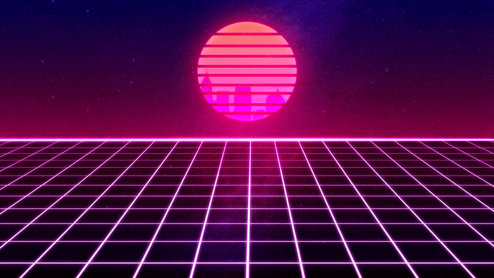 A futuristic image of a purple and pink sunset over a digital landscape - 90s