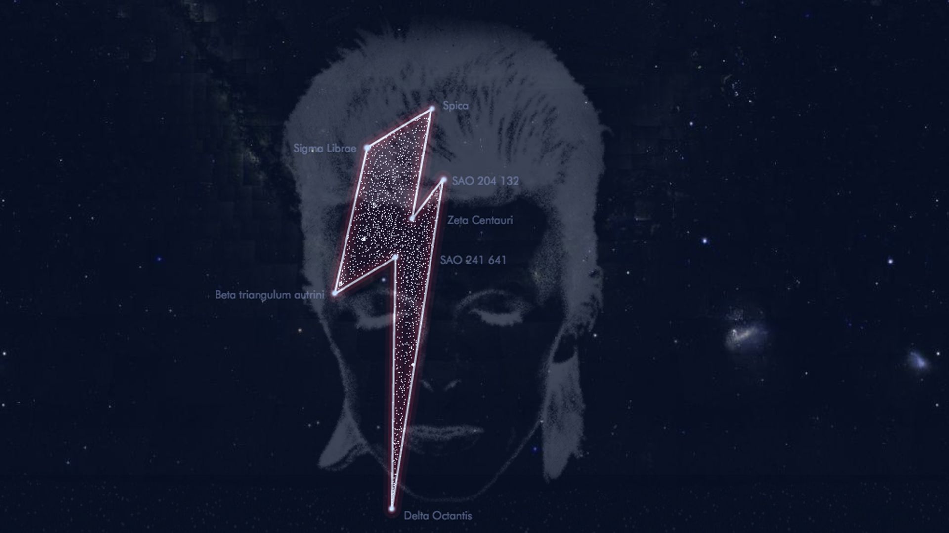 The late David Bowie's face is depicted in a graphic with a lightning bolt symbol - David Bowie