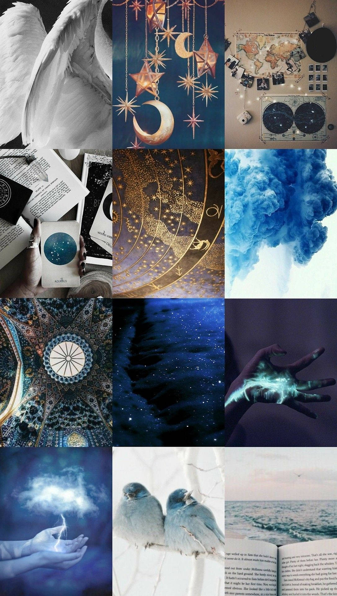 Aesthetic collage of blue and white images including the moon, stars, and a book. - Witch, magic