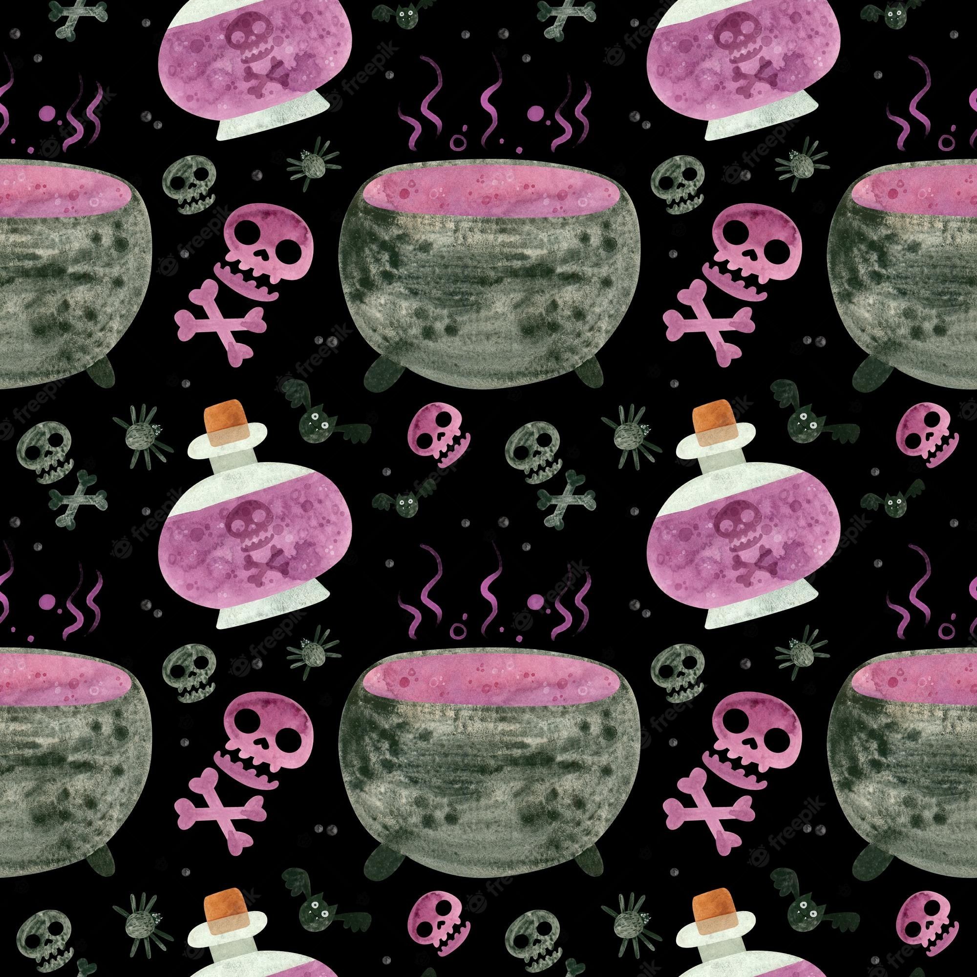 A watercolor illustration of a cauldron with a potion, skulls, spiders and bones on a black background. - Witch