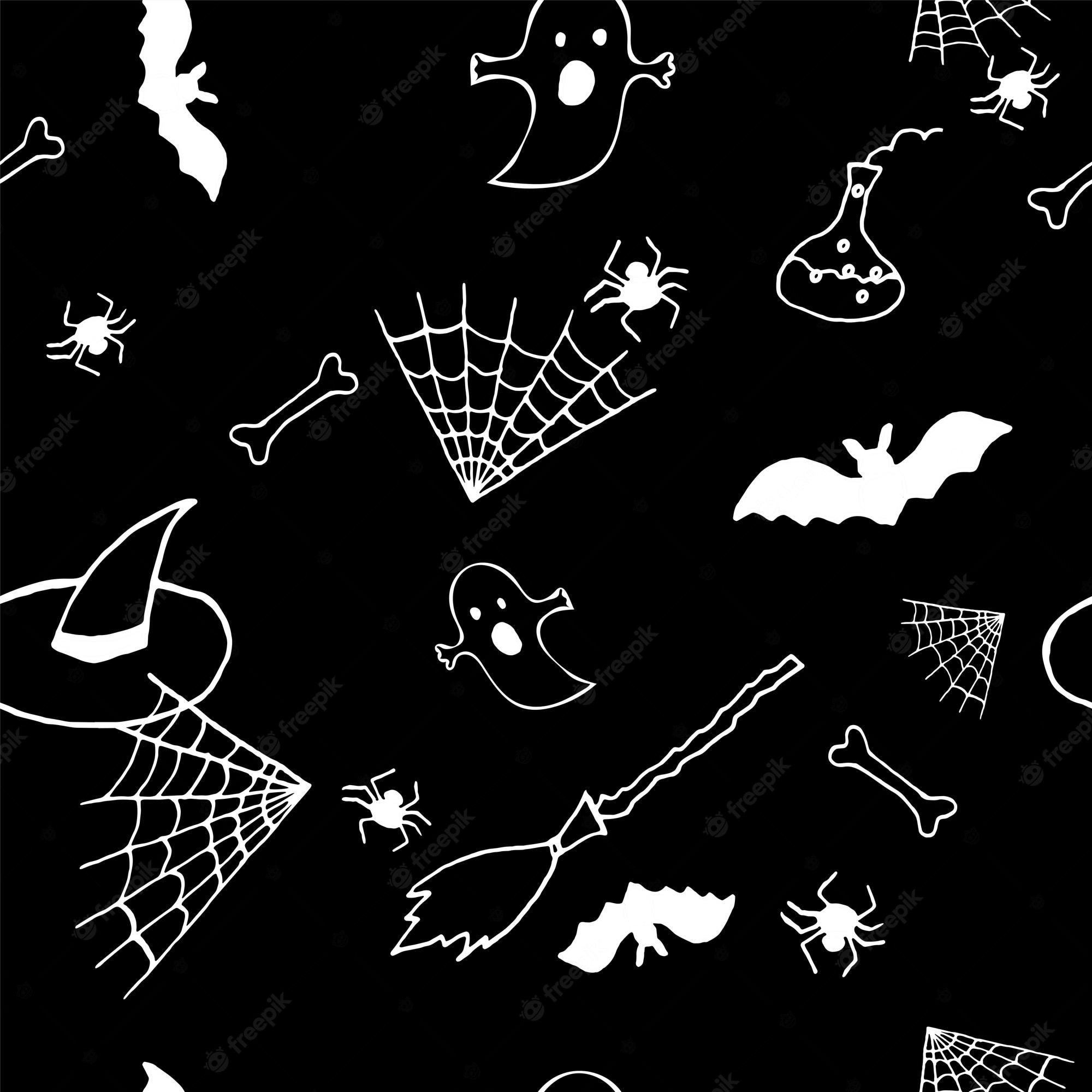 A black and white Halloween pattern with bats, ghosts, and spiders. - Witch