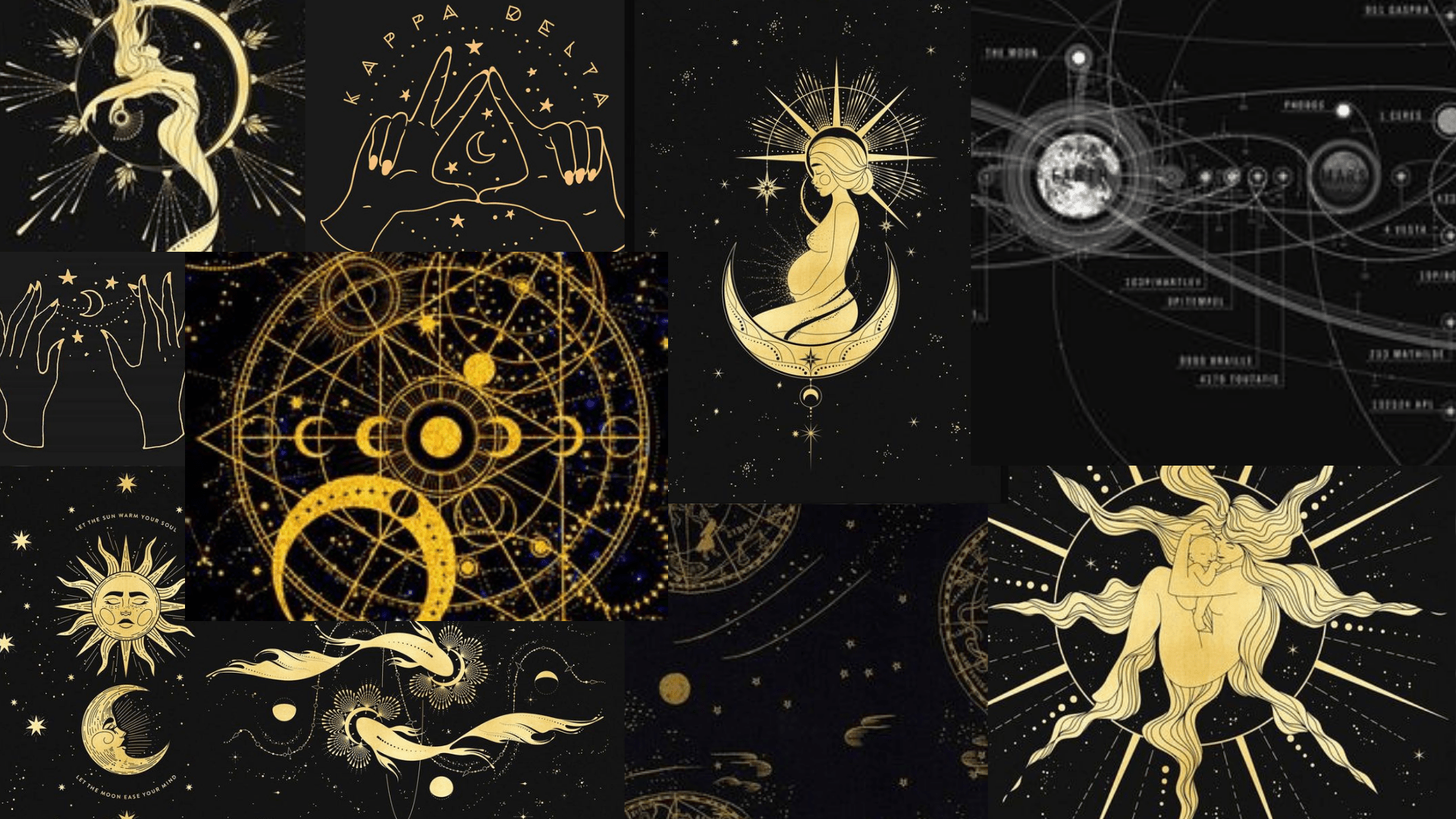 A collage of different images with gold and black - Witch