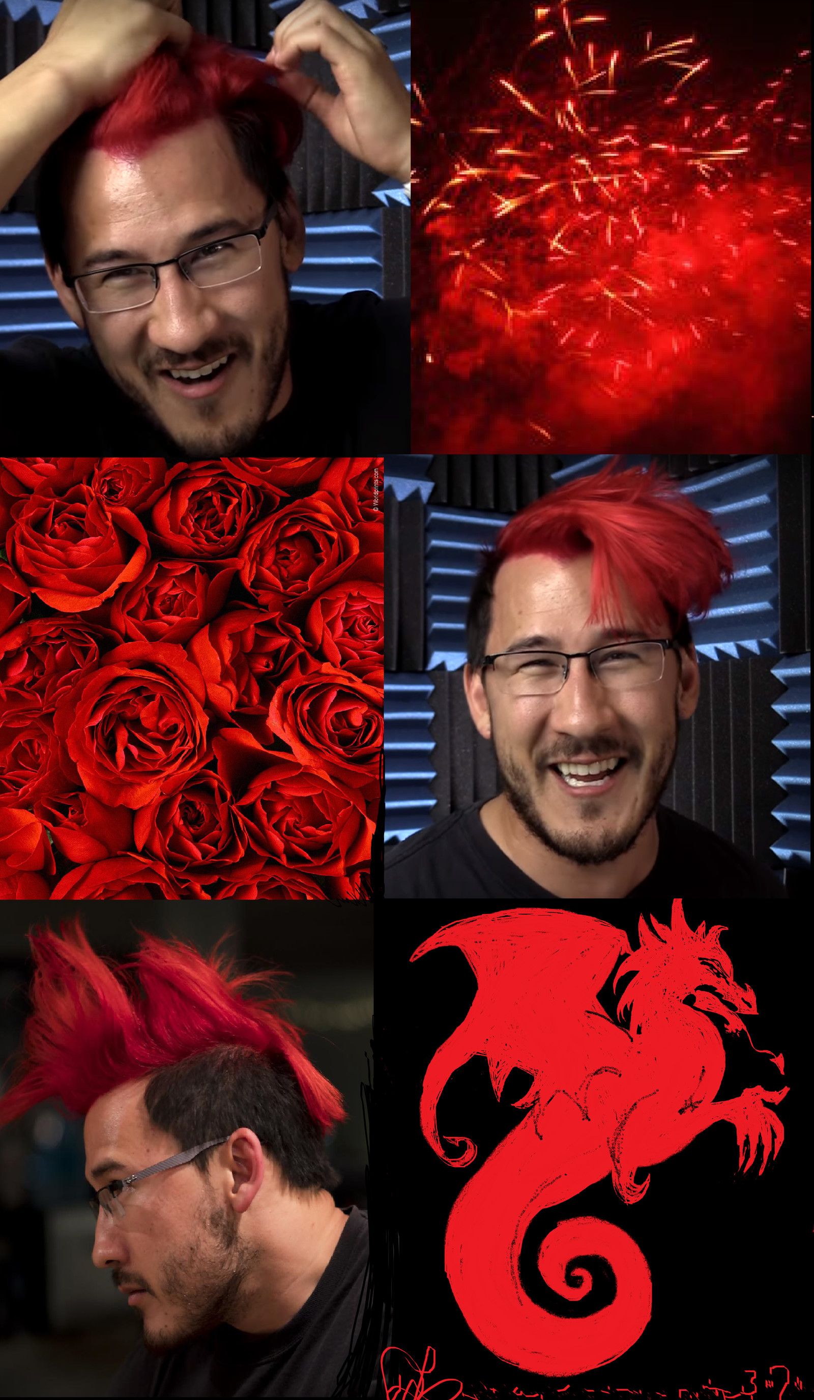A collage of Markiplier with red hair and a red dragon on his shirt. - Markiplier