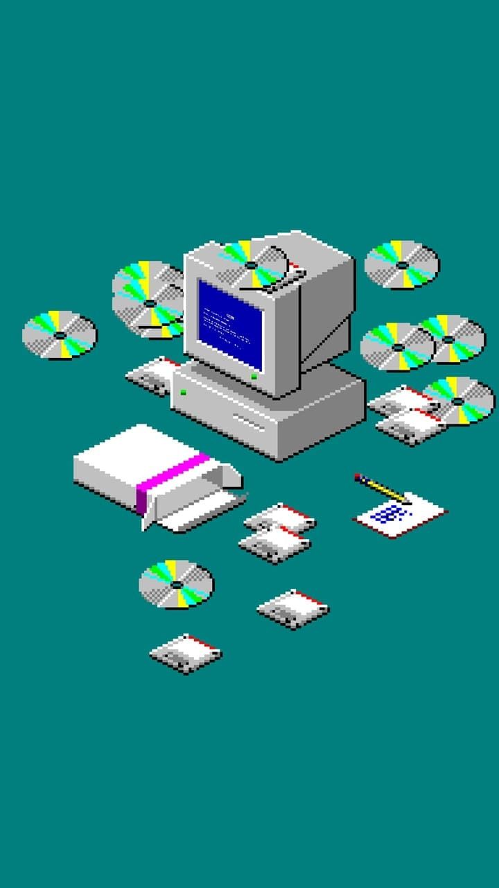 A Mac Plus surrounded by floppy disks and CDs - Windows 95, technology