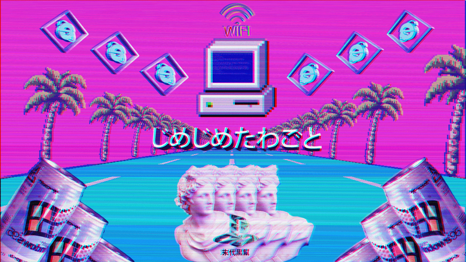 Aesthetic Vaporwave wallpaper with palm trees, a computer, and a statue - Windows 95