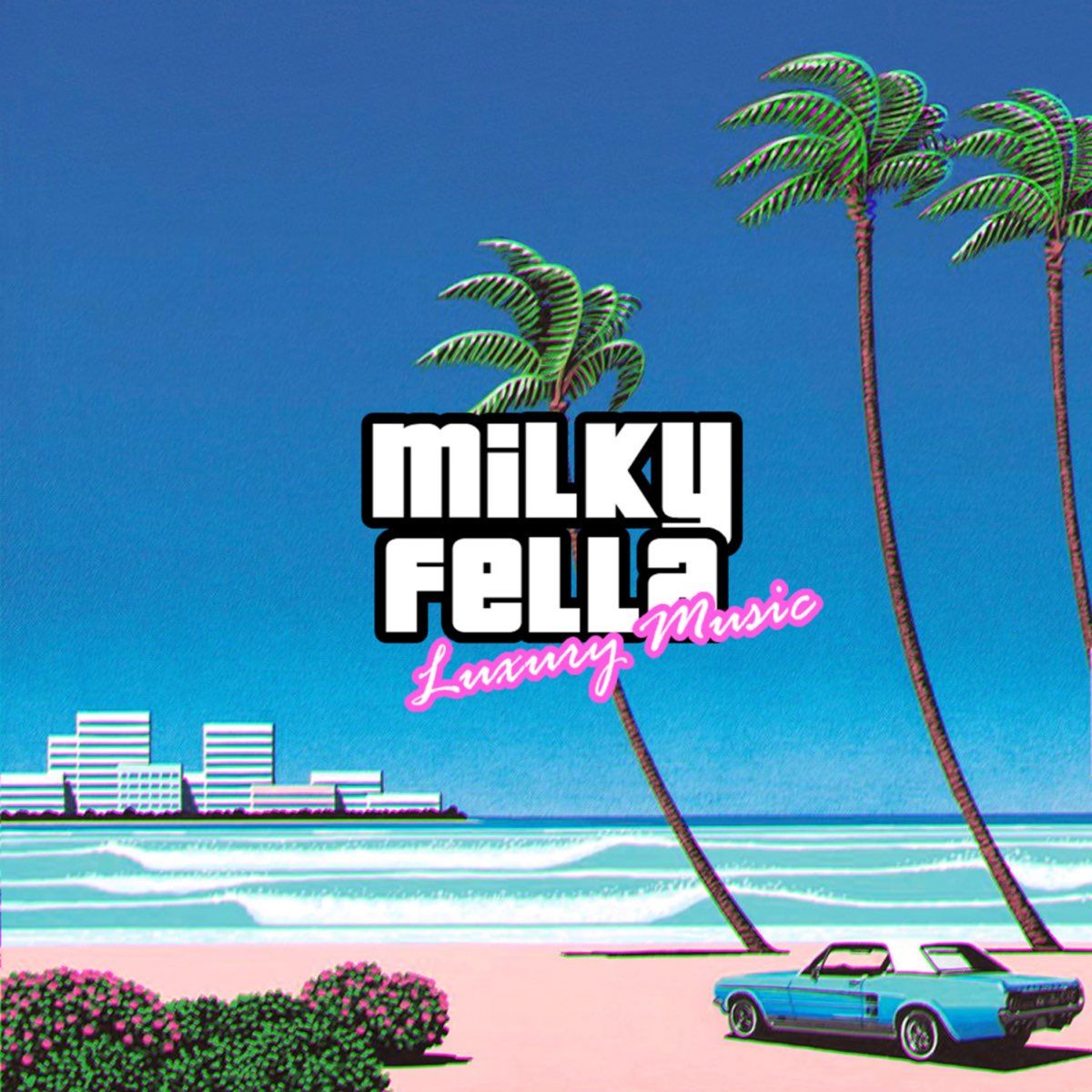 A beach scene with palm trees and a car, with the Milky Fella logo in the middle. - Windows 95