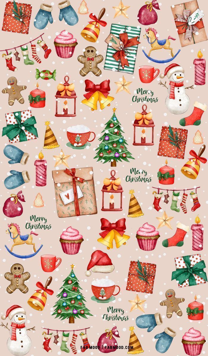 A cute Christmas pattern with gingerbread men, gifts, Christmas trees, and more. - Christmas, Christmas iPhone, vintage fall, preppy, cute Christmas, vintage, December