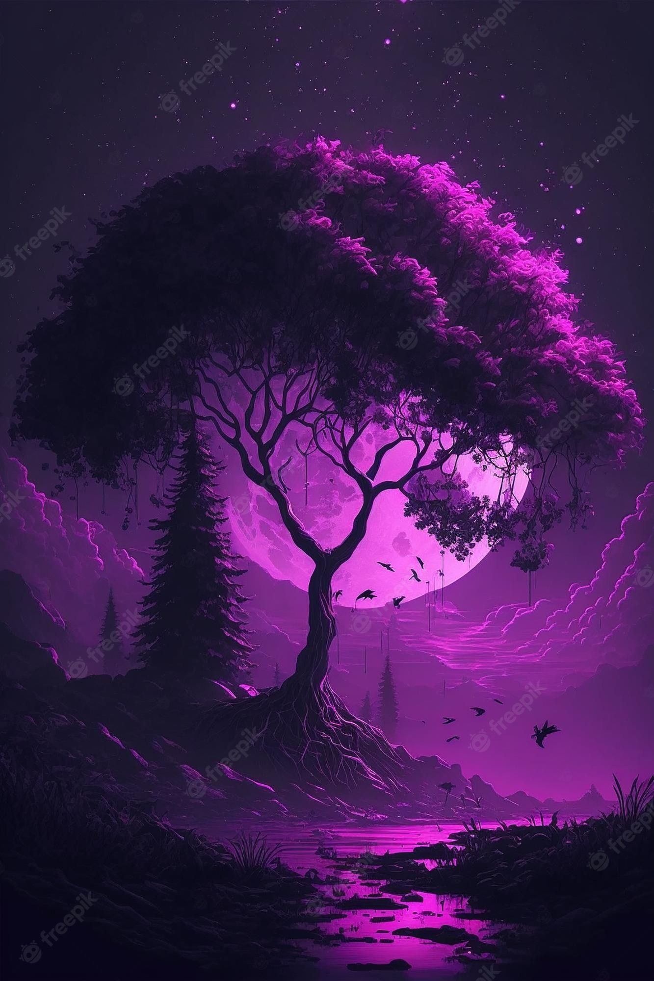 Premium Photo. Purple aesthetic wallpaper, night landscape, forest, mountain, moon