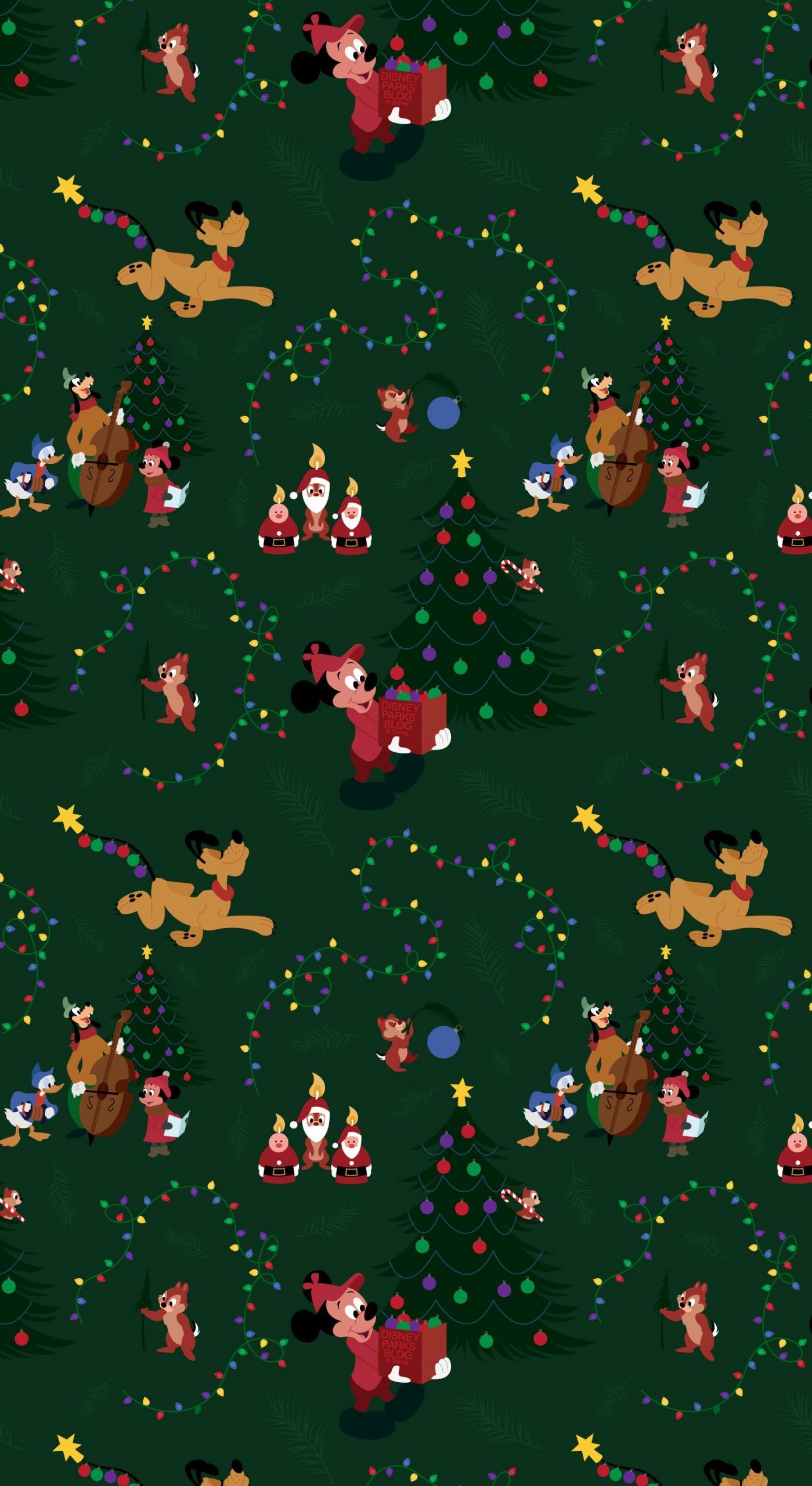 A green background with a pattern of Pluto, Goofy, and other Disney characters around a Christmas tree and presents. The characters are in various poses and the tree is decorated with stars and balls of different sizes. The background is dark green with white and yellow stars scattered throughout. The characters are in shades of brown, beige, and white. - Christmas iPhone, Disney, cute Christmas