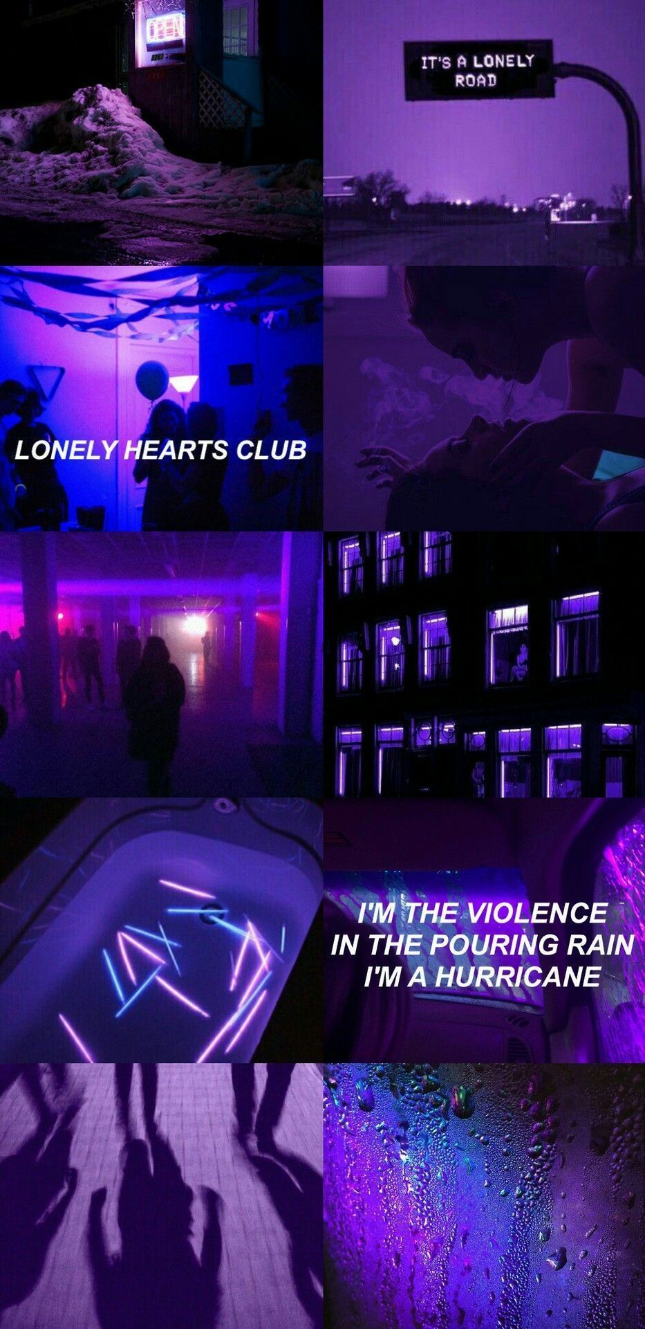 Aesthetic collage of purple and blue neon lights, with the words 