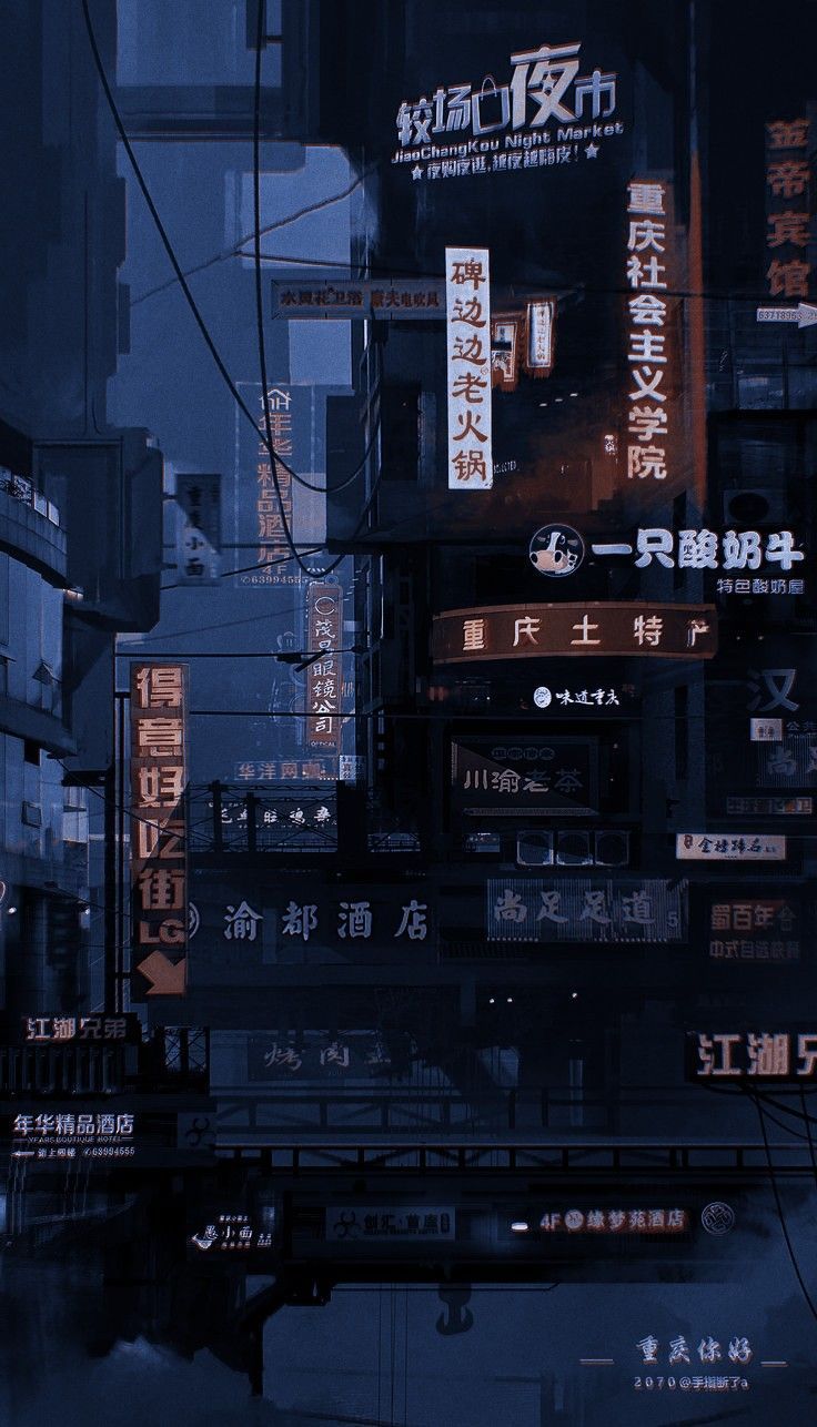 A city scene with many buildings and signs - Anime, Japan, Japanese