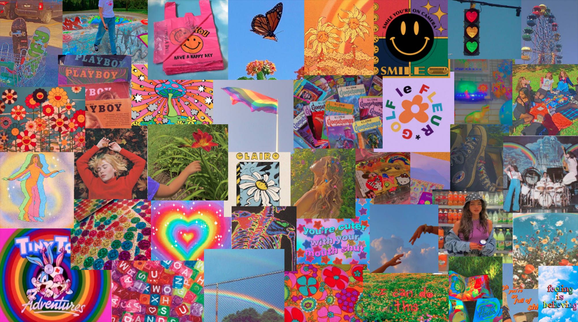 A collage of images including a butterfly, a smiley face, and a rainbow - Indie