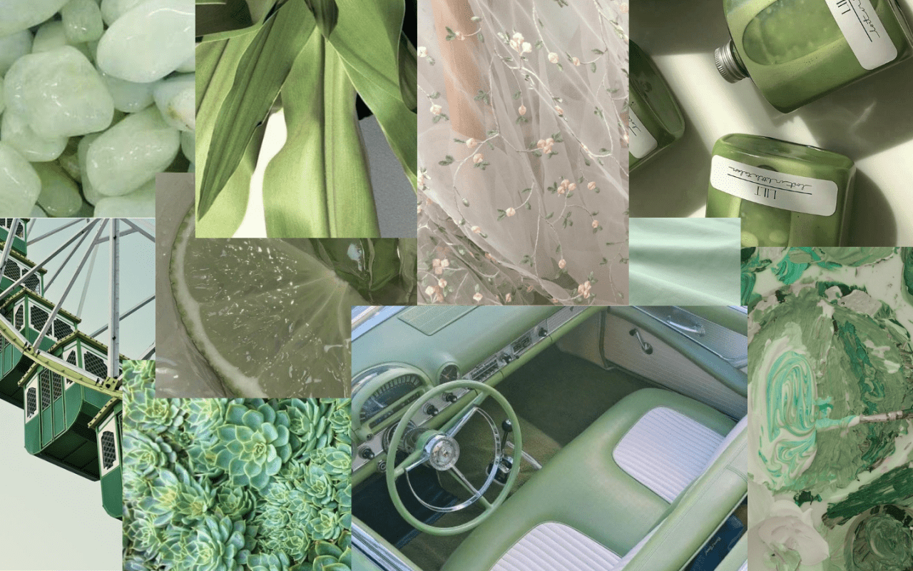 A collage of green images including a car, plants, and food. - Green, soft green, light green
