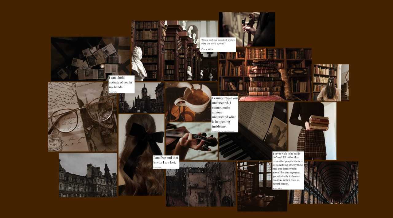A mood board with images of bookshelves, a castle, a book, a cup of coffee, a violin, and a book page. - Dark academia