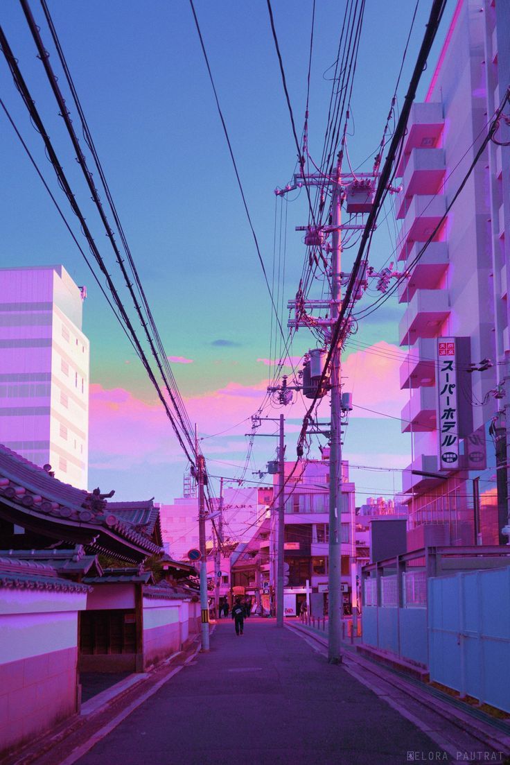 Aesthetic street photo with pink and blue lighting - Japan