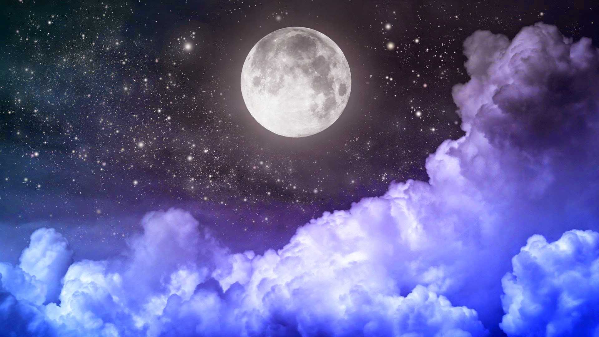 A full moon in a starry sky with clouds - Moon, galaxy