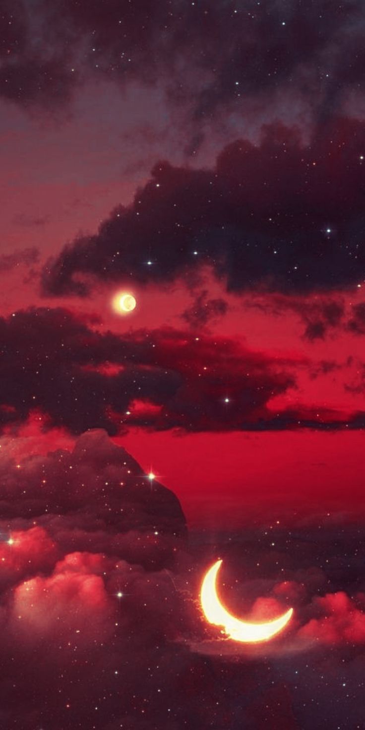 Aesthetic wallpaper of a red cloudy sky with a crescent moon - Moon
