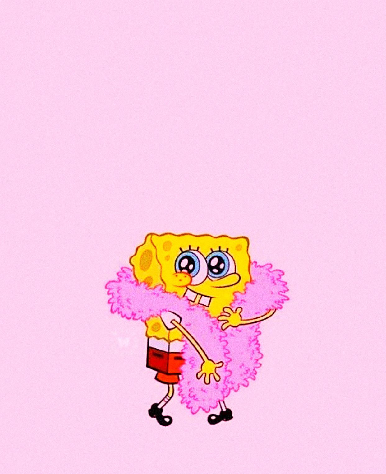 A drawing of SpongeBob SquarePants wearing a pink boa and pink shoes. - SpongeBob
