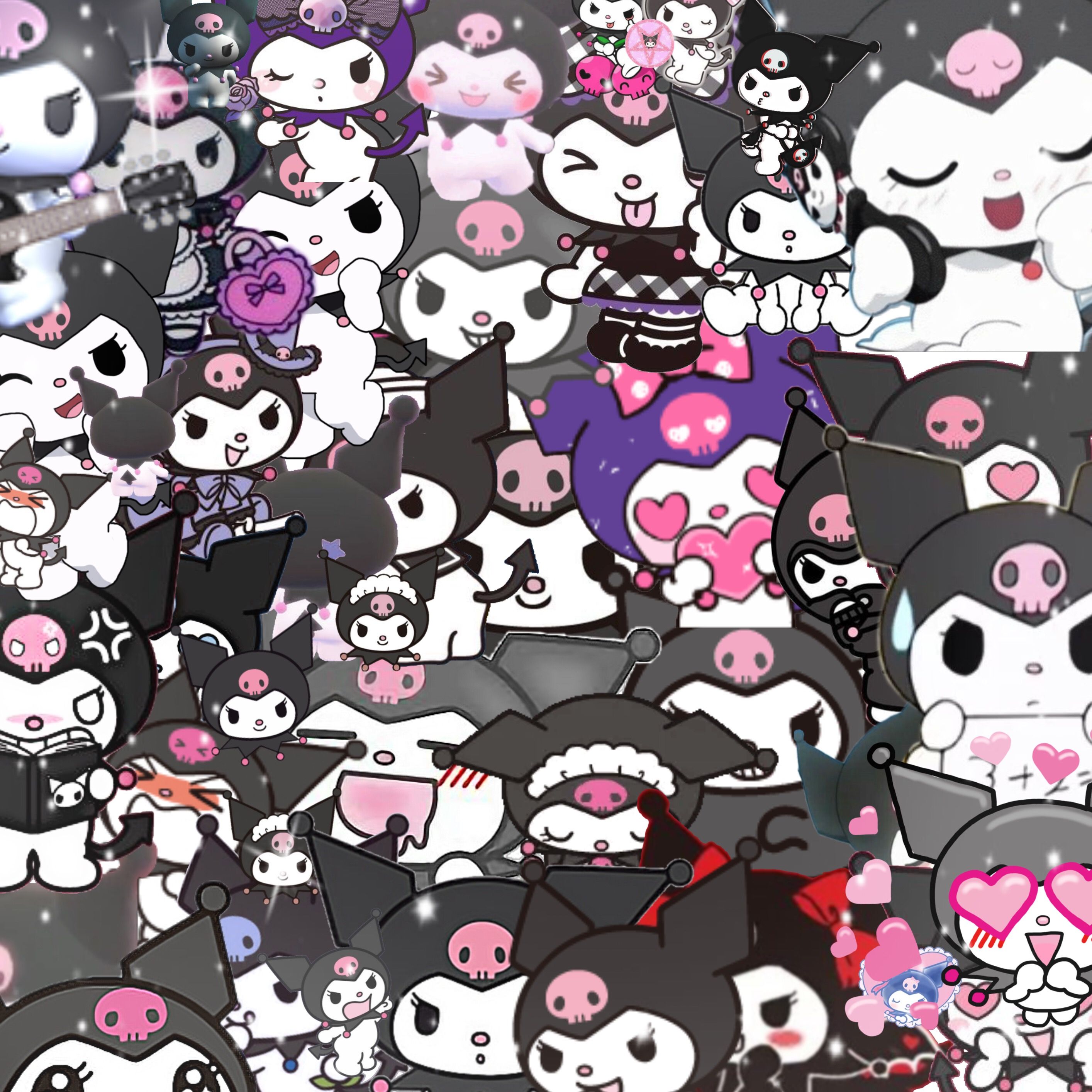 Sanrio characters, such as My Melody and Kuromi, are shown in a pile of images. - Kuromi, animecore