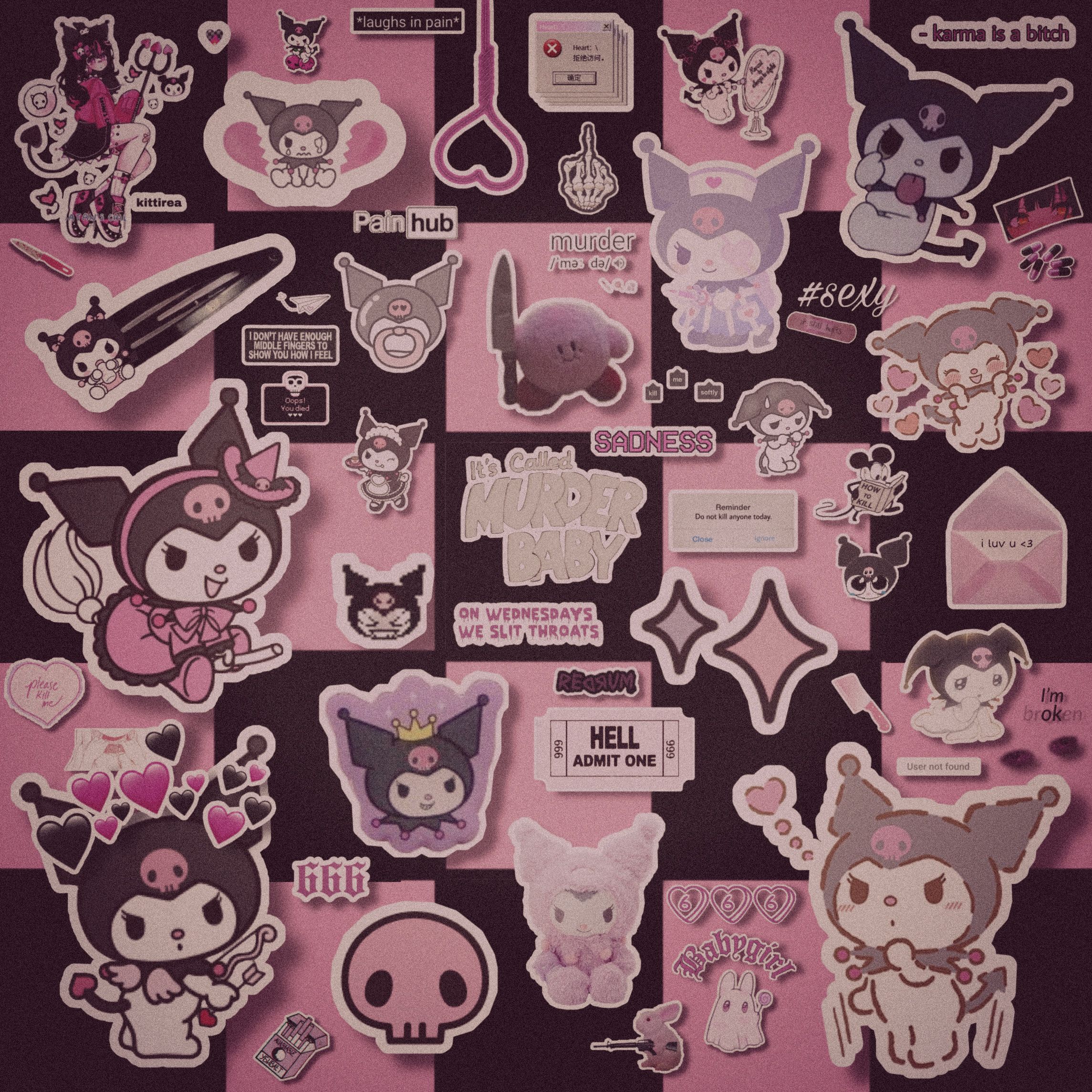A sticker collage featuring Sanrio characters on a pink and black checkered background. - Kuromi