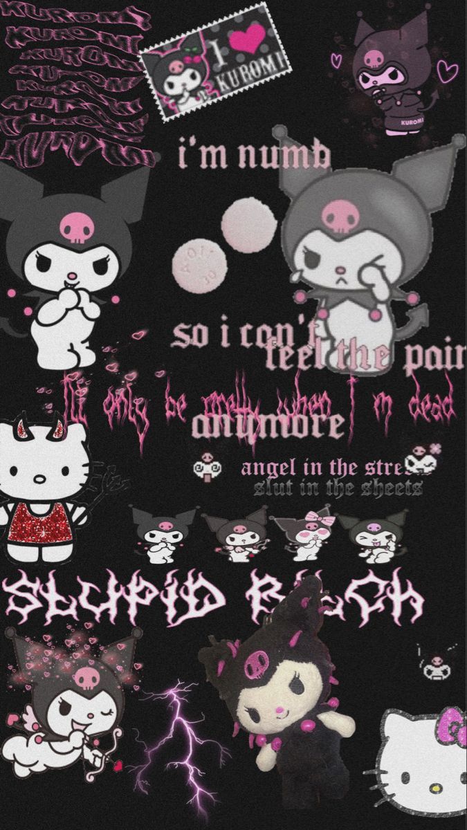 A hello kitty poster with various pink and black characters - Kuromi