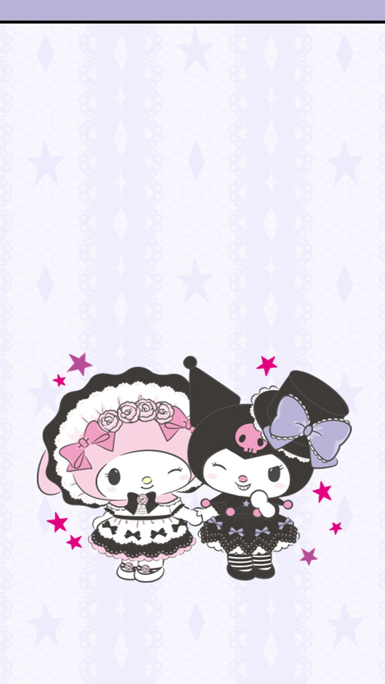 A kawaii phone background with Melody and My Melody dressed in black and white. - Kuromi