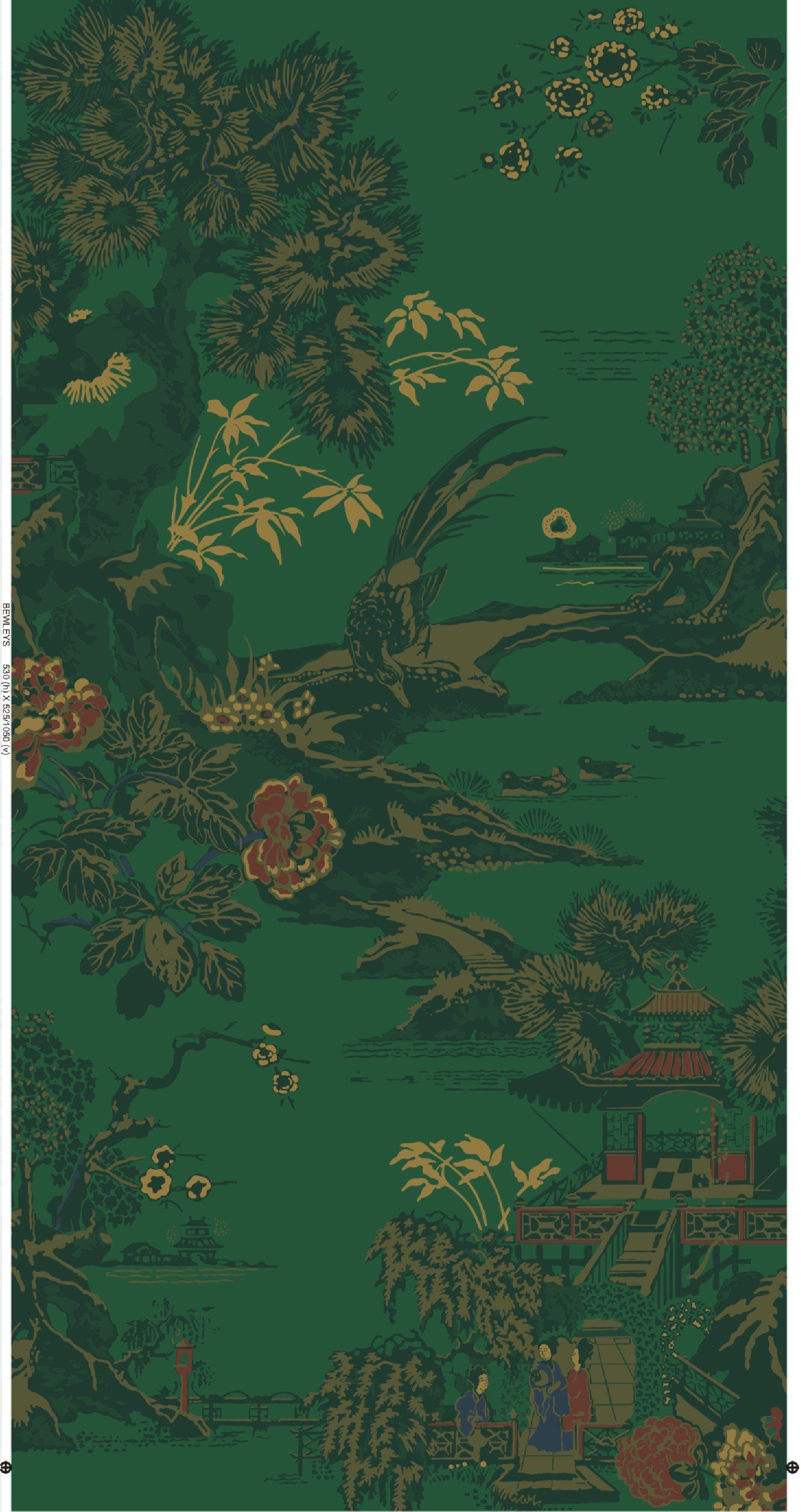 A green and gold wallpaper with trees - Green, dark green
