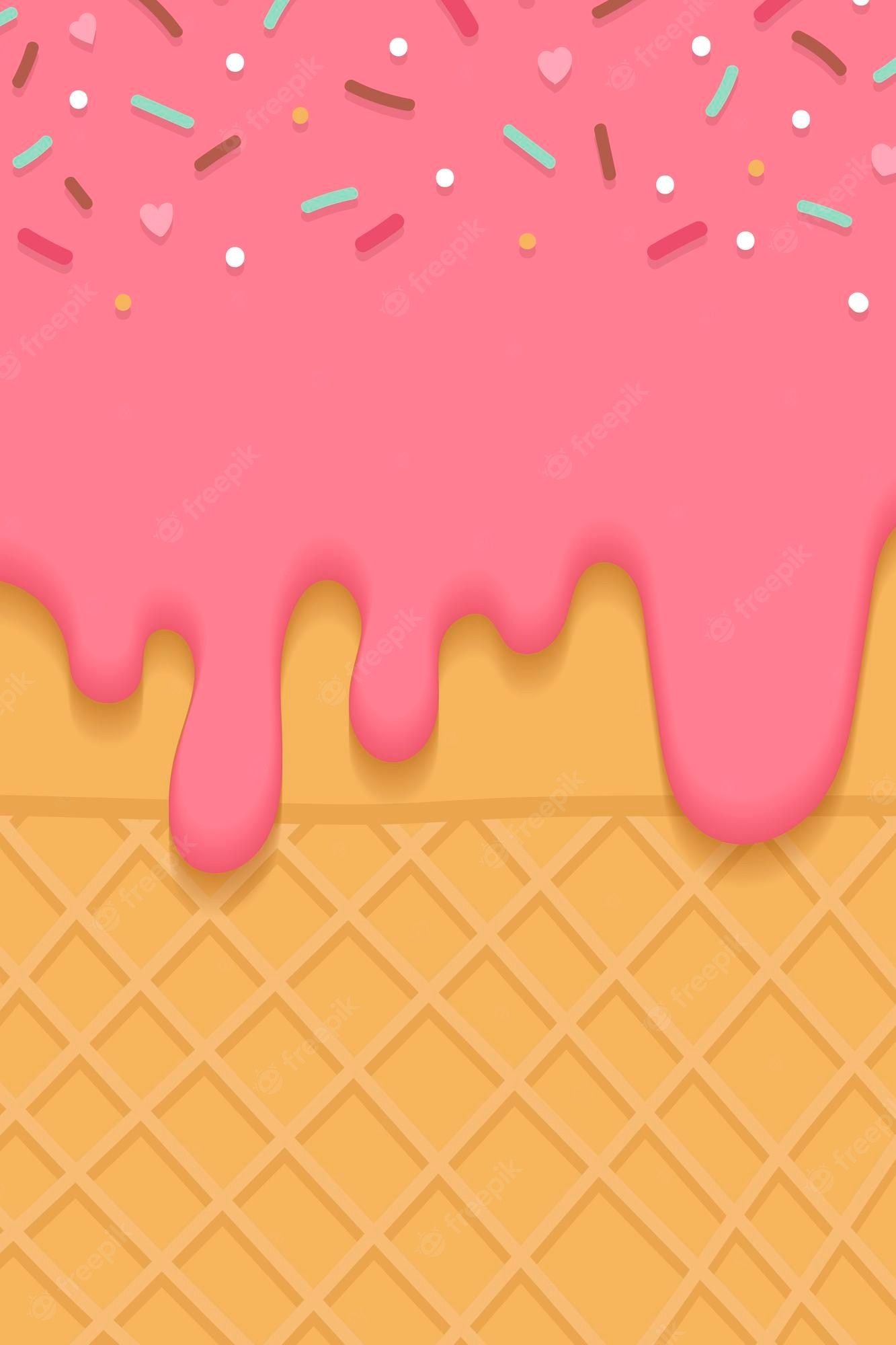 A pink ice cream with sprinkles on top and dripping over the side of the cone. - Ice cream, foodie