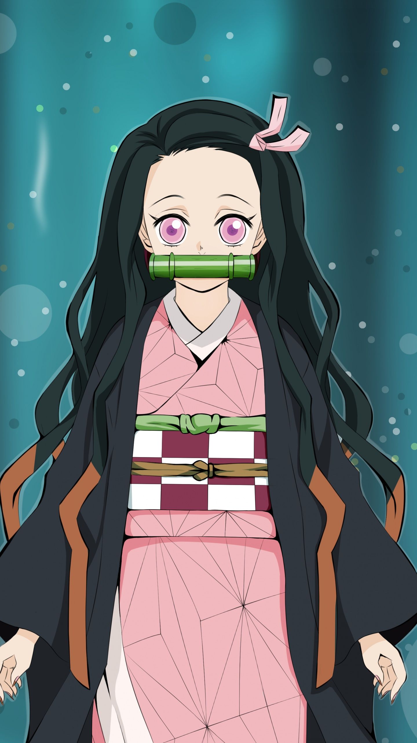 Nezuko Kamado from Demon Slayer: Kimetsu no Yaiba. She is wearing a pink kimono with a green and white obi, and a black outer jacket. She has long black hair and pink eyes. - Nezuko