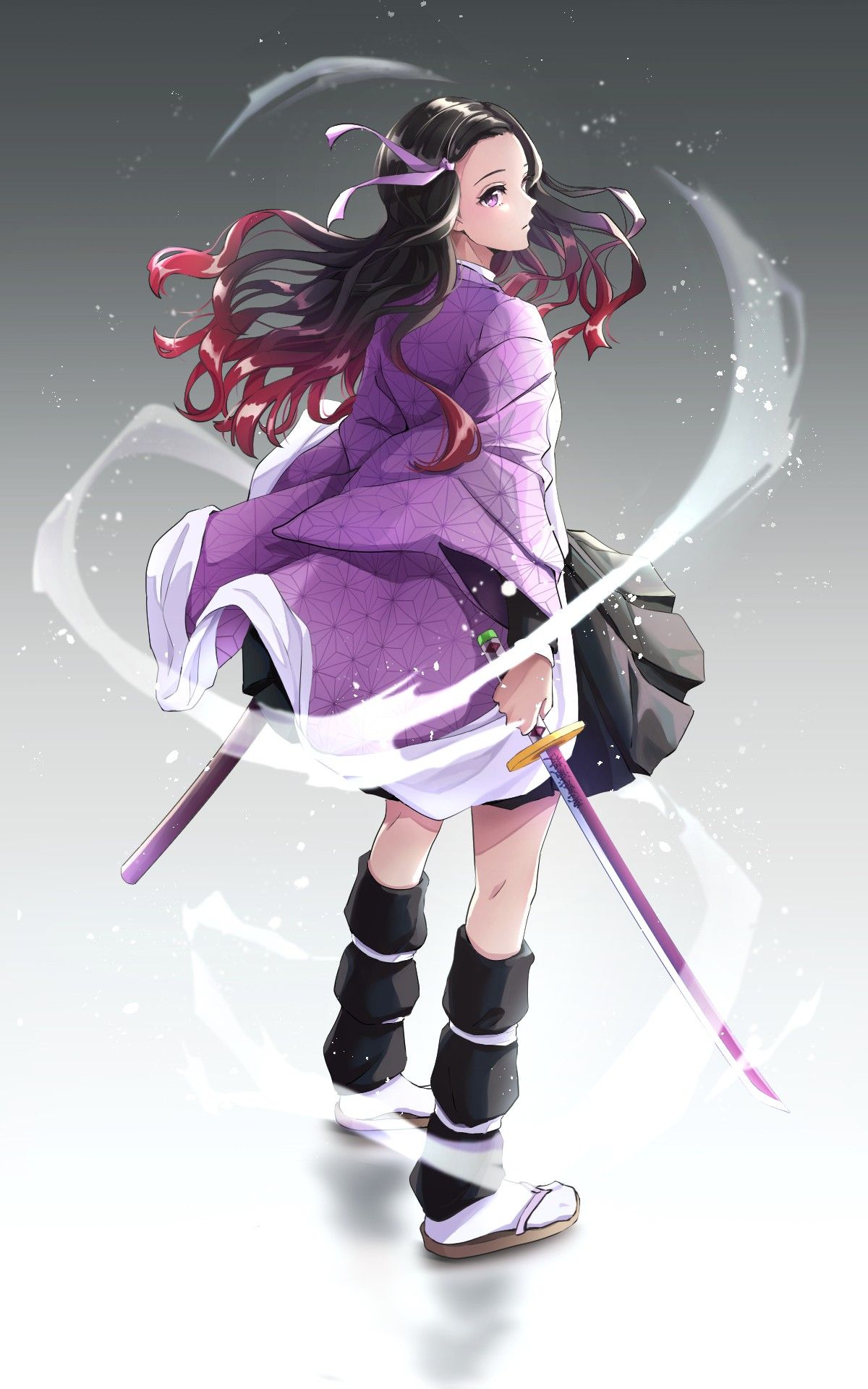 A girl with long hair and black boots holding two swords - Nezuko