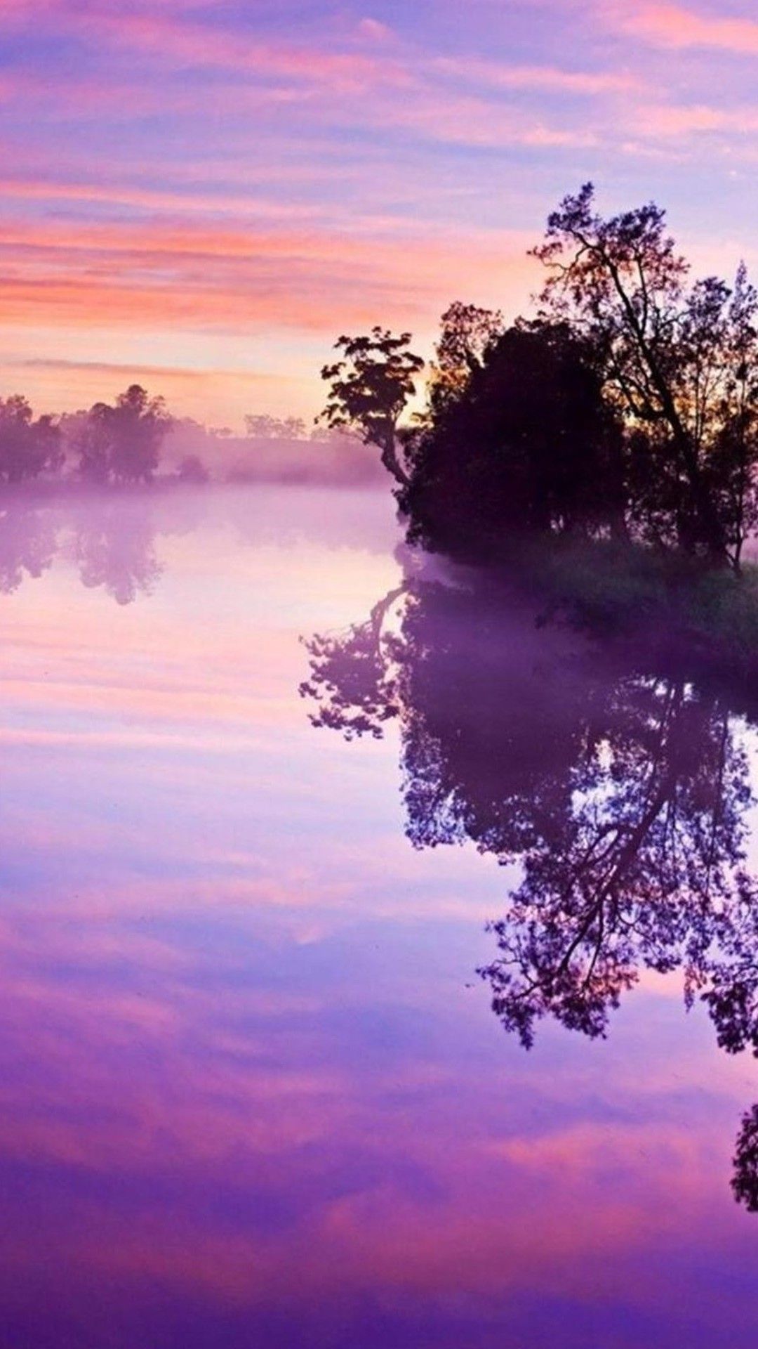 A sunset over the water with fog - Purple, nature, scenery, river
