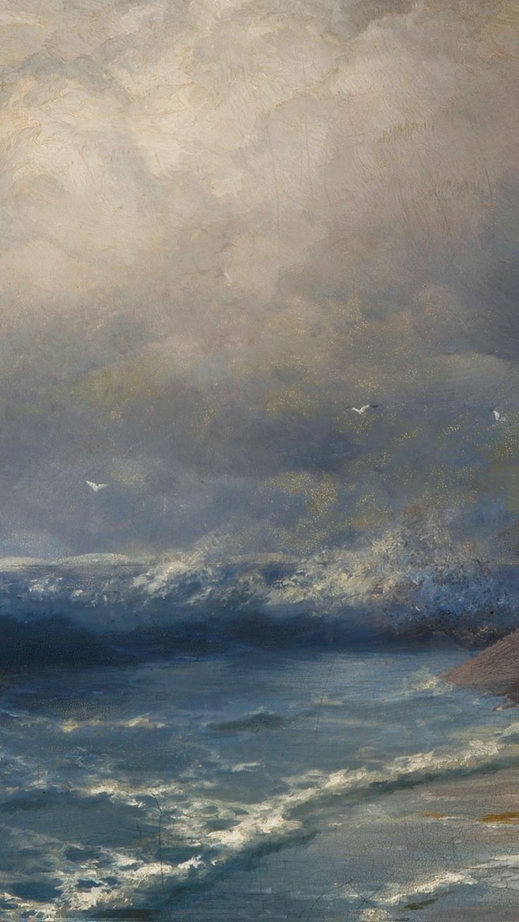 A painting of the ocean with waves and birds - Art