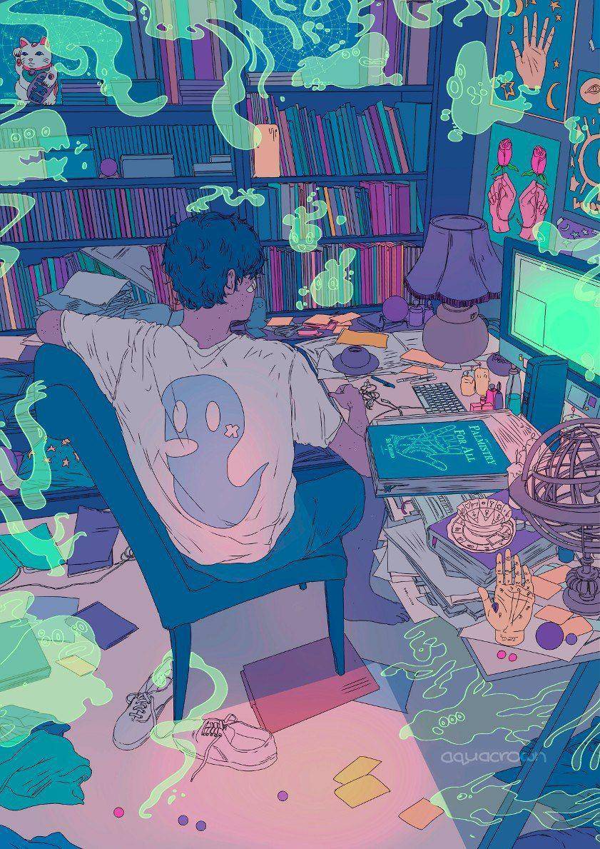 A man sitting in a chair in front of a desk with a computer, surrounded by books and other objects. - Art
