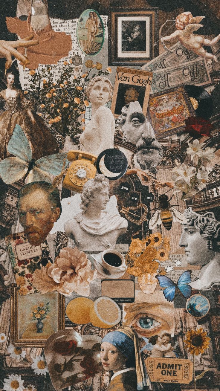 Aesthetic collage background of vintage images, flowers, and other art. - Art