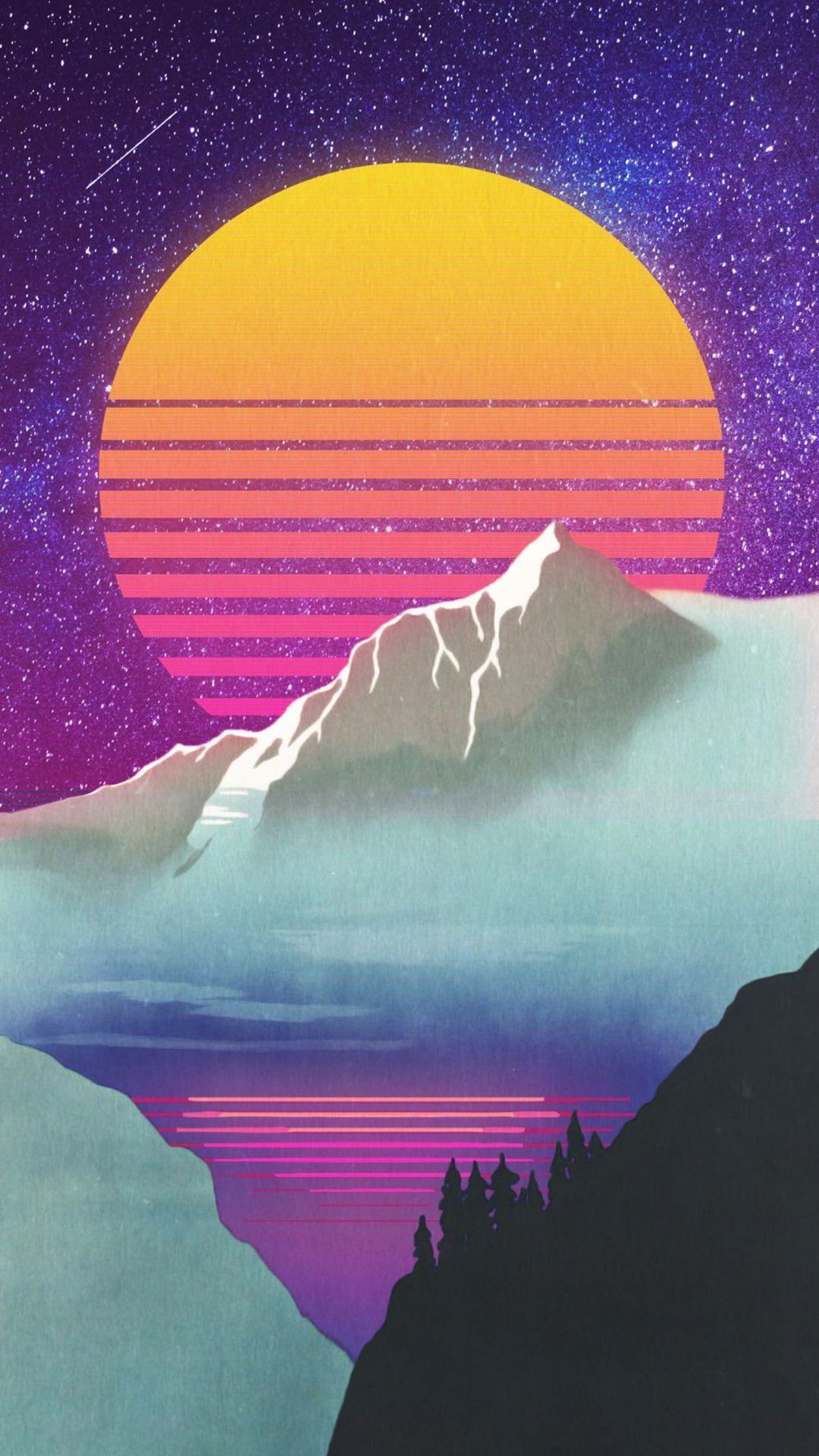 A sunset over the mountains with trees in front - 80s, 70s, art, retro, Android