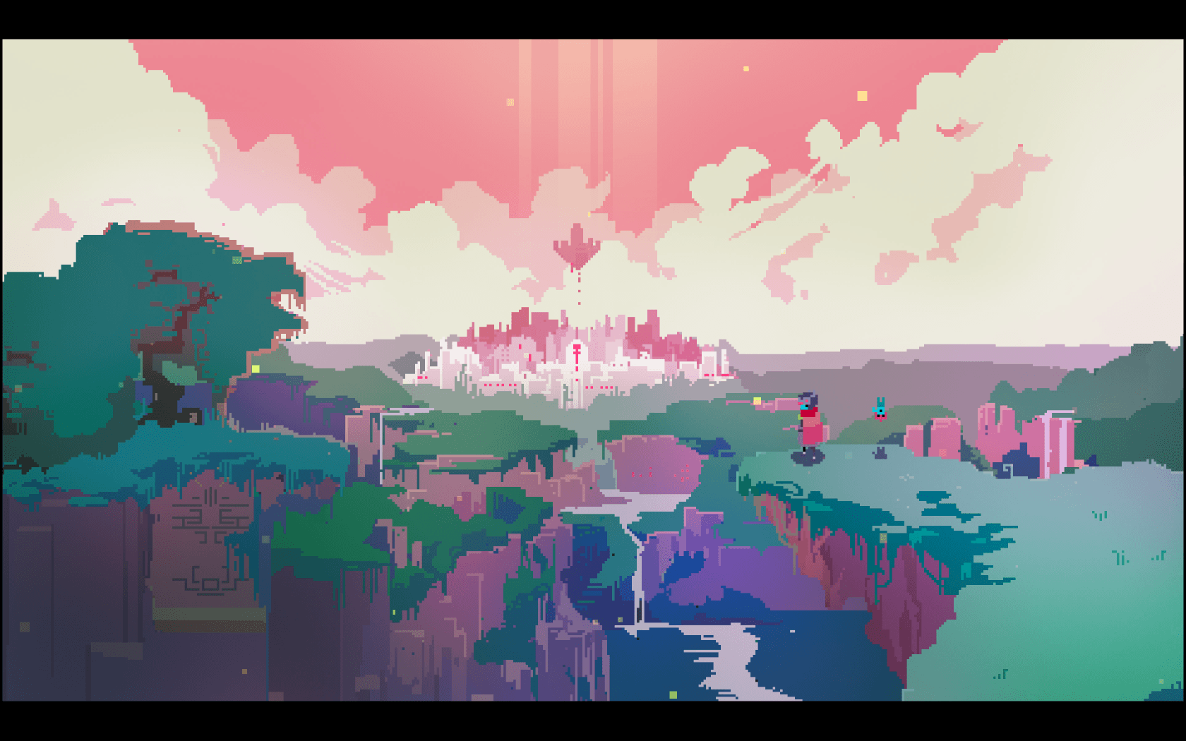 A pixelated character stands on a cliff overlooking a city in the distance. - Pixel art