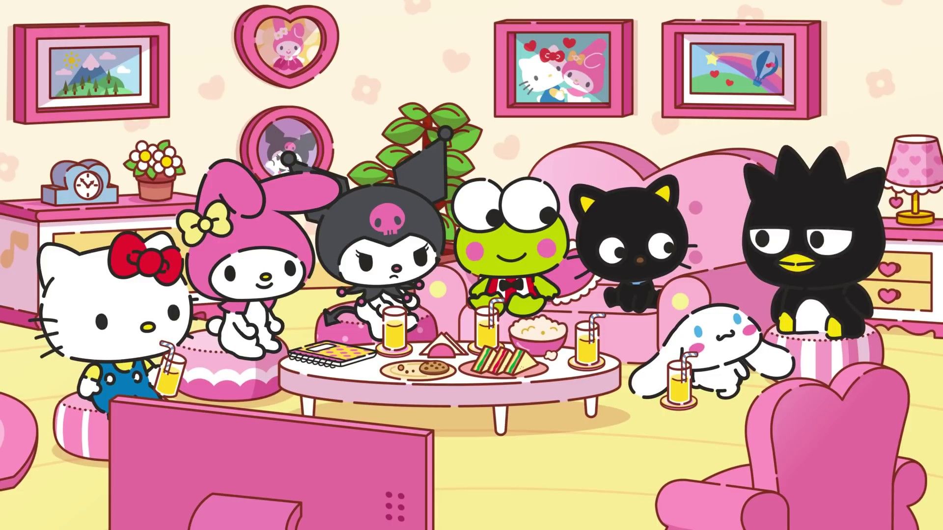 Sanrio characters sitting around a table with food and drinks. - Sanrio