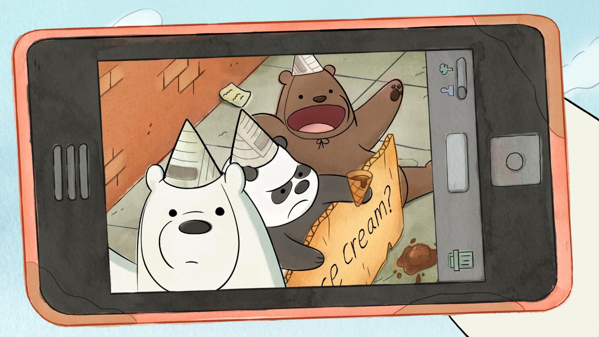 A person holding up an electronic device with bears on it - We Bare Bears