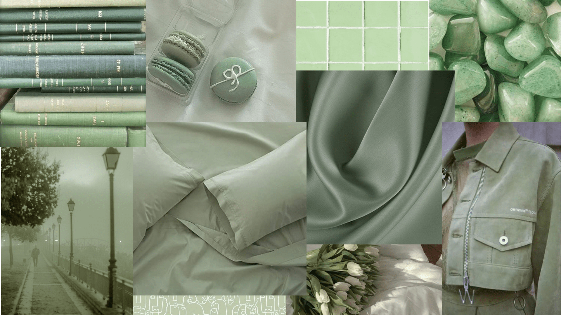 A collage of green items and fabrics - Sage green, green, soft green