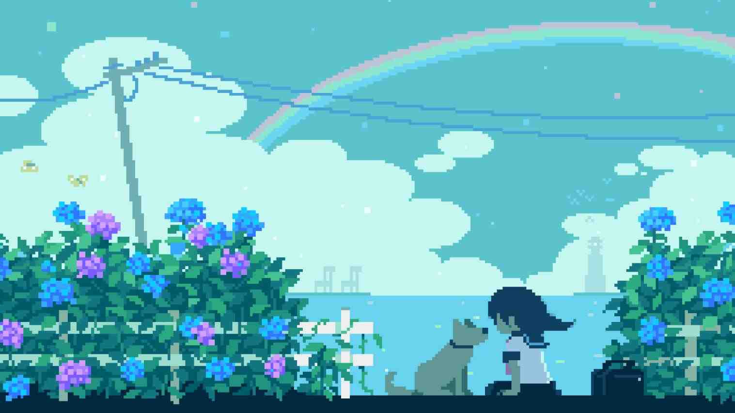 Pixel art of a girl and her dog looking at a rainbow - Art, pixel art
