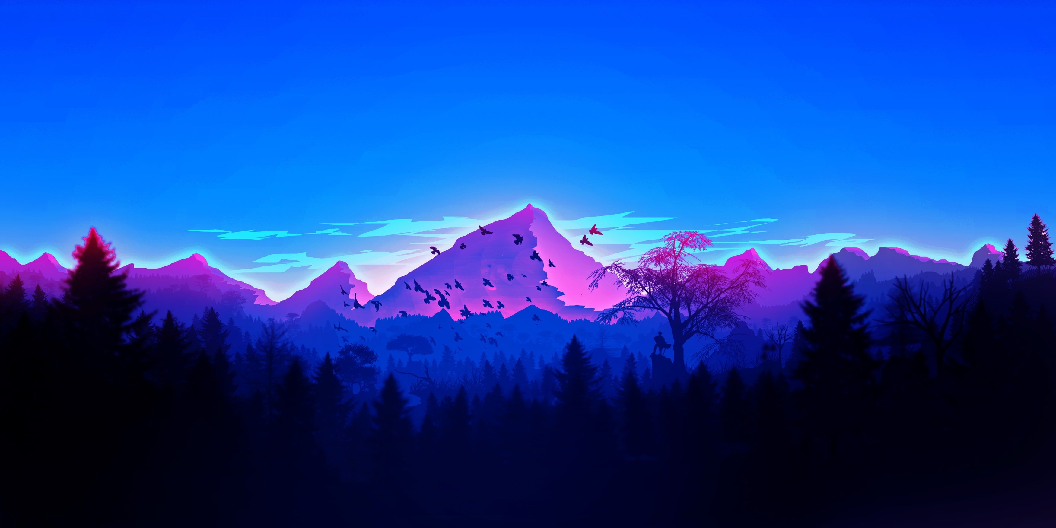 A pink and blue gradient image of a mountain range with trees in the foreground - Mountain