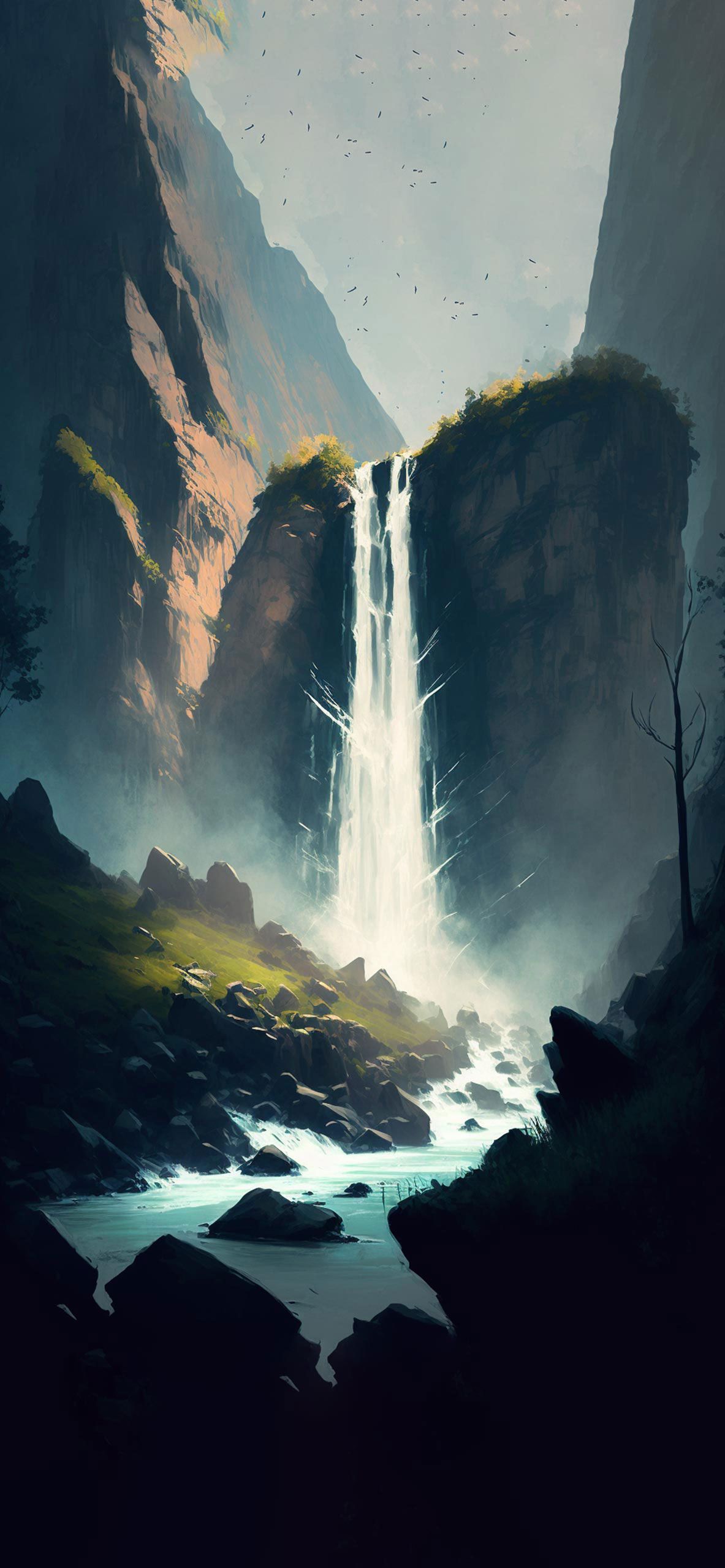 Waterfall & Mountains Art Wallpaper Aesthetic Wallpaper