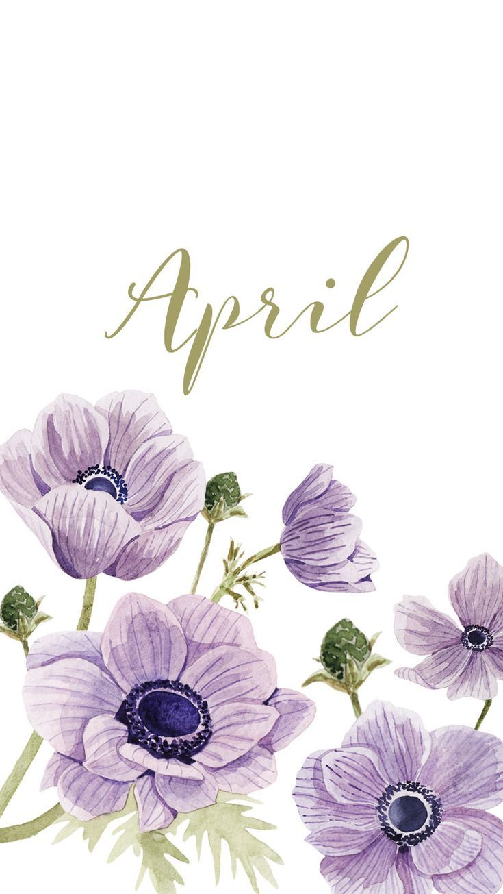 A watercolor illustration of purple flowers with the word april - April