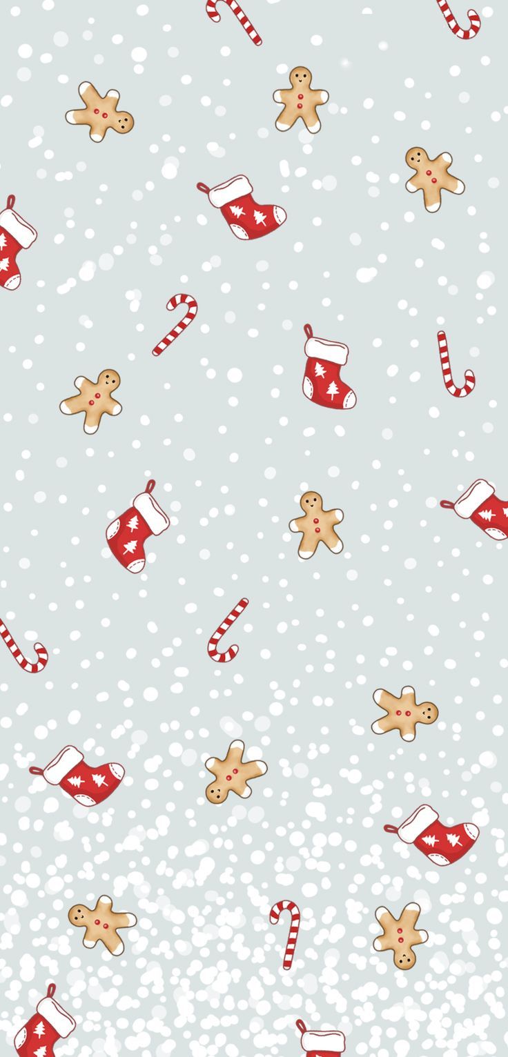 A free Christmas phone background with gingerbread men, candy canes, and snow. - December, Christmas, winter