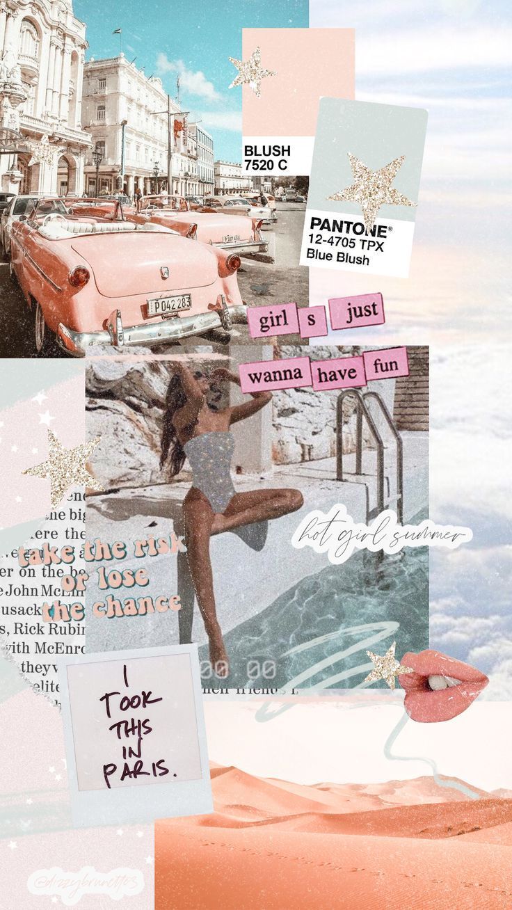 Collage of images including a pink car, a woman in a swimsuit, and a pink lip - August